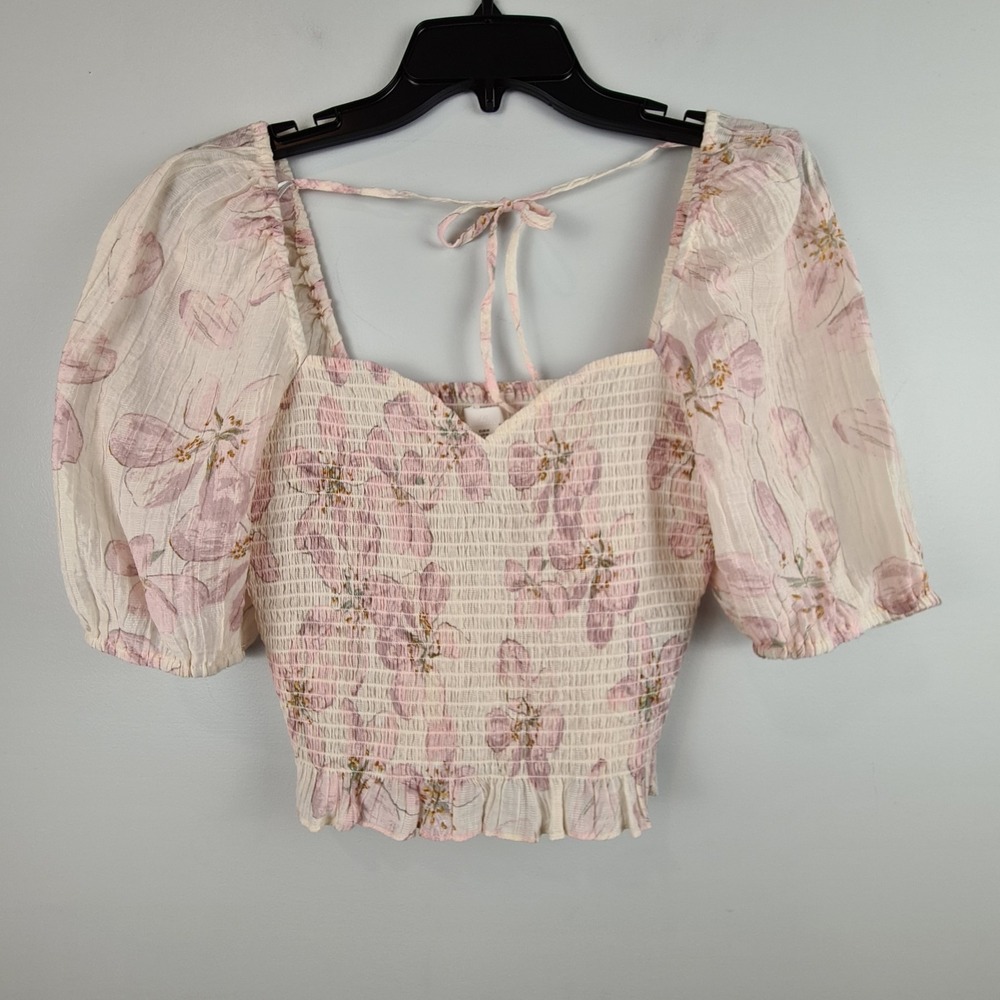 H&M Women's Floral Smocked Puff Sleeve Floral Cropped Top Medium Sweetheart